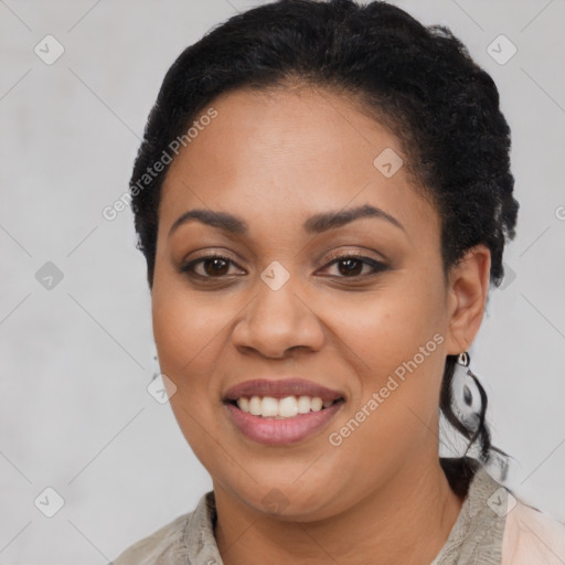 Joyful latino young-adult female with short  black hair and brown eyes