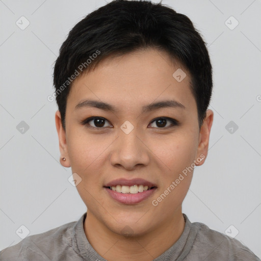 Joyful asian young-adult female with short  black hair and brown eyes