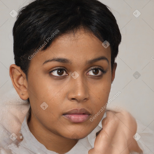 Neutral asian young-adult female with short  brown hair and brown eyes