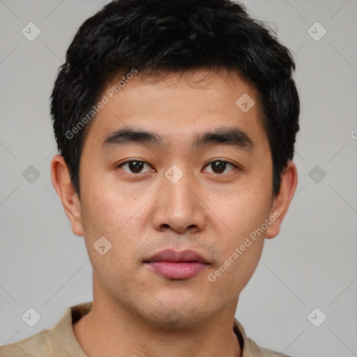 Neutral asian young-adult male with short  black hair and brown eyes