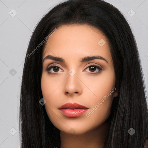 Neutral white young-adult female with long  black hair and brown eyes