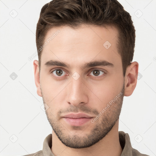 Neutral white young-adult male with short  brown hair and grey eyes