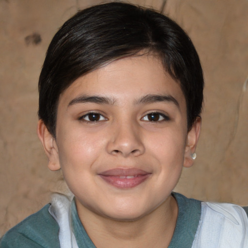 Joyful white child female with short  brown hair and brown eyes