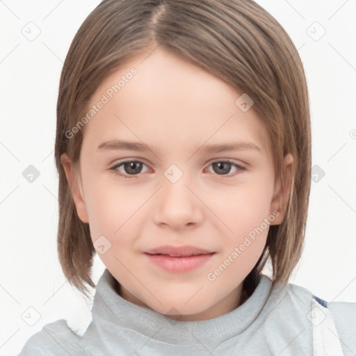 Joyful white child female with medium  brown hair and brown eyes