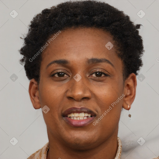 Joyful black young-adult female with short  brown hair and brown eyes