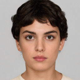 Neutral white young-adult female with short  brown hair and brown eyes