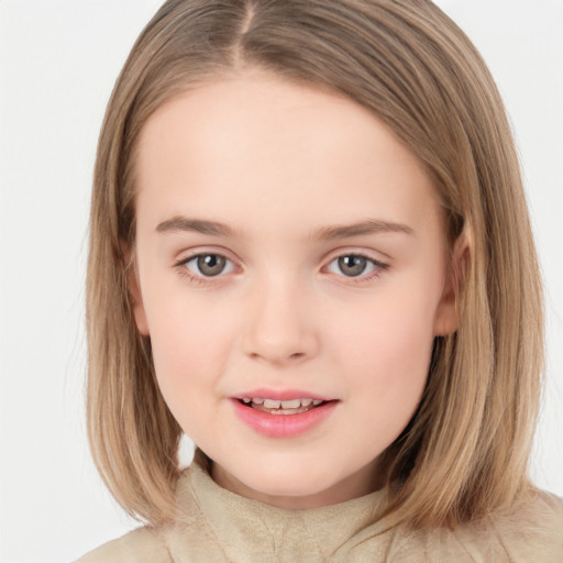 Joyful white child female with medium  brown hair and brown eyes