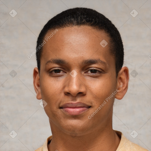 Joyful latino young-adult male with short  brown hair and brown eyes