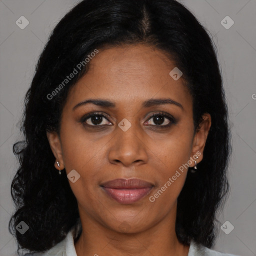 Joyful black young-adult female with medium  black hair and brown eyes