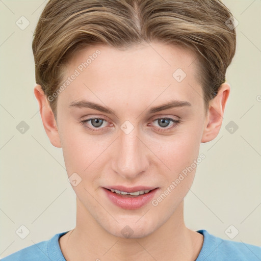 Joyful white young-adult female with short  brown hair and grey eyes