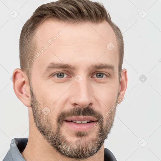 Neutral white young-adult male with short  brown hair and grey eyes