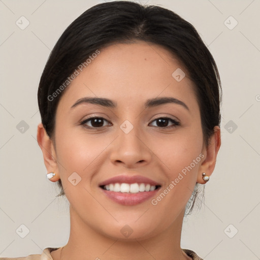 Joyful white young-adult female with long  brown hair and brown eyes