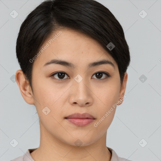 Neutral asian young-adult female with short  brown hair and brown eyes