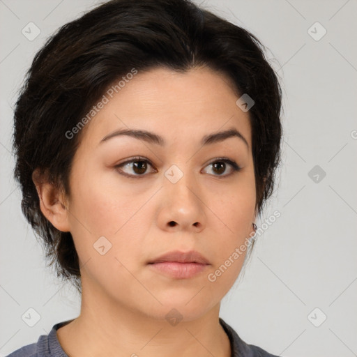 Neutral asian young-adult female with medium  brown hair and brown eyes