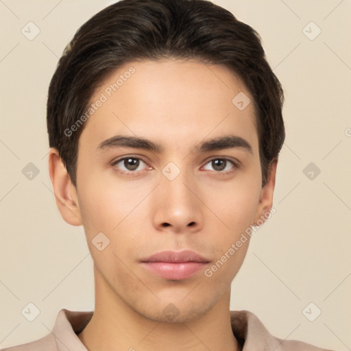 Neutral white young-adult male with short  brown hair and brown eyes