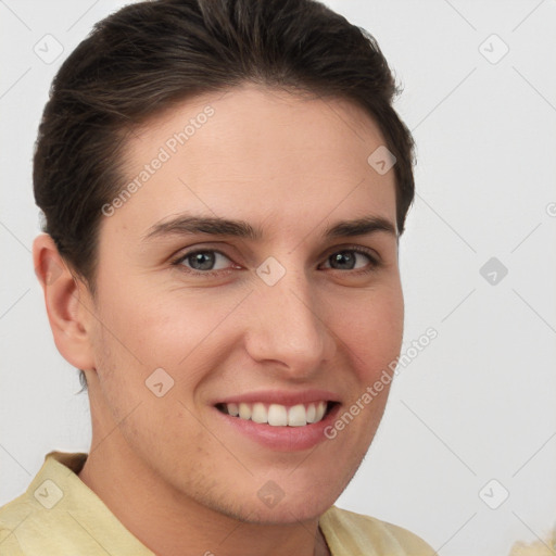 Joyful white young-adult female with short  brown hair and brown eyes