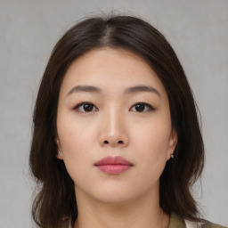 Neutral asian young-adult female with medium  brown hair and brown eyes