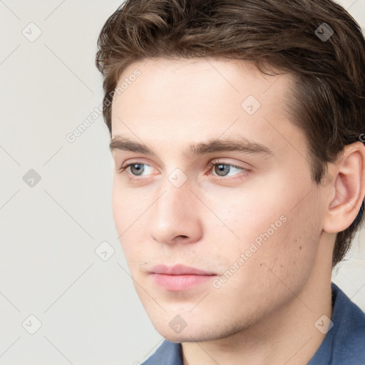 Neutral white young-adult male with short  brown hair and grey eyes