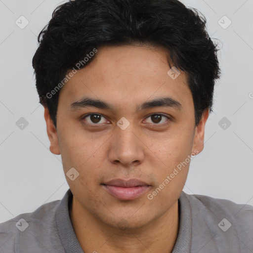 Neutral asian young-adult male with short  brown hair and brown eyes