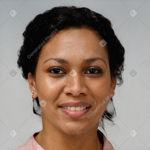 Joyful latino young-adult female with medium  black hair and brown eyes