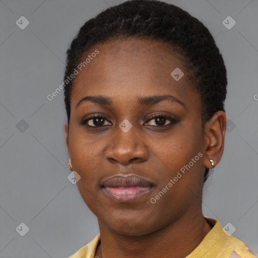 Neutral black young-adult female with short  black hair and brown eyes