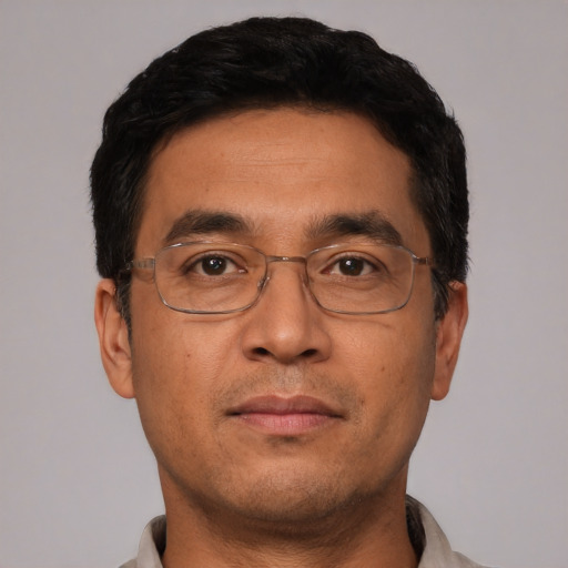Neutral asian adult male with short  black hair and brown eyes