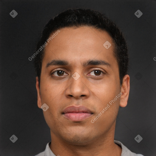 Neutral latino young-adult male with short  black hair and brown eyes