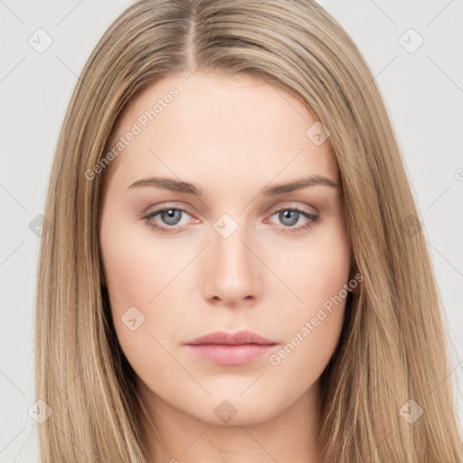 Neutral white young-adult female with long  brown hair and brown eyes