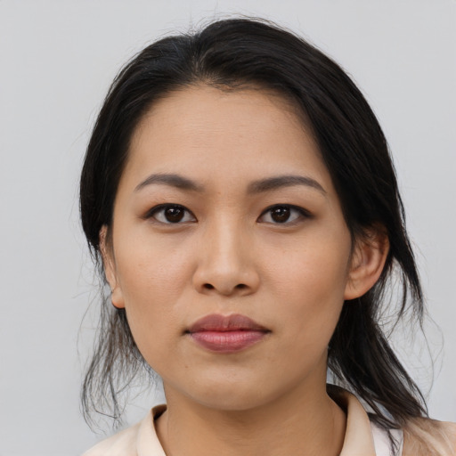 Neutral asian young-adult female with medium  black hair and brown eyes
