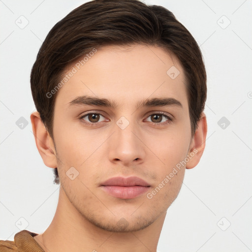 Neutral white young-adult male with short  brown hair and brown eyes