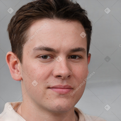 Neutral white young-adult male with short  brown hair and grey eyes