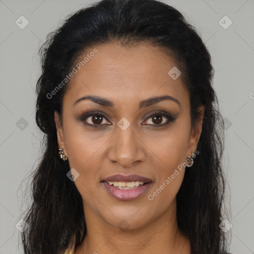 Joyful latino young-adult female with long  brown hair and brown eyes