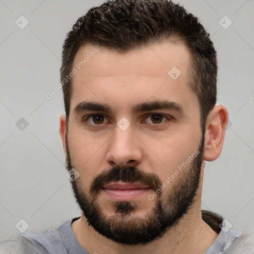 Neutral white young-adult male with short  brown hair and brown eyes