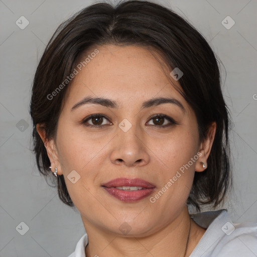 Joyful white adult female with medium  brown hair and brown eyes