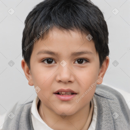 Joyful white child male with short  brown hair and brown eyes