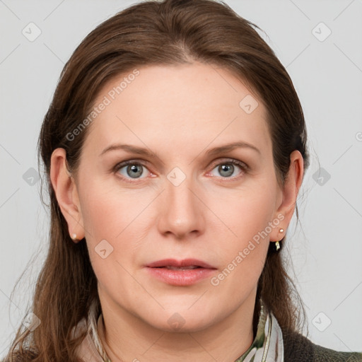 Neutral white young-adult female with medium  brown hair and grey eyes