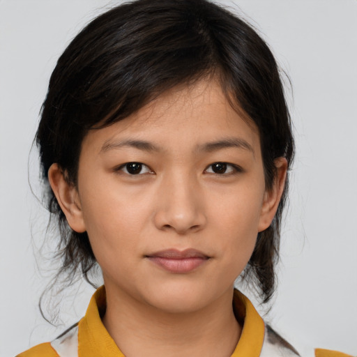 Neutral asian young-adult female with medium  brown hair and brown eyes