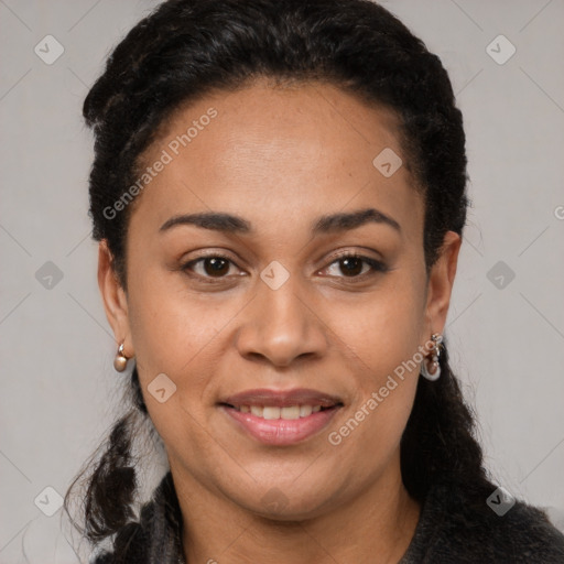 Joyful latino young-adult female with medium  brown hair and brown eyes