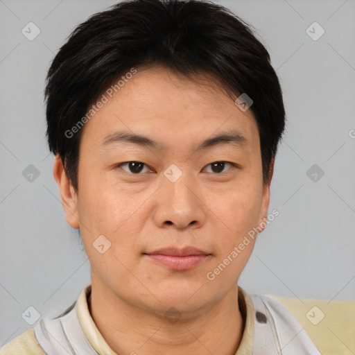 Neutral asian young-adult male with short  brown hair and brown eyes