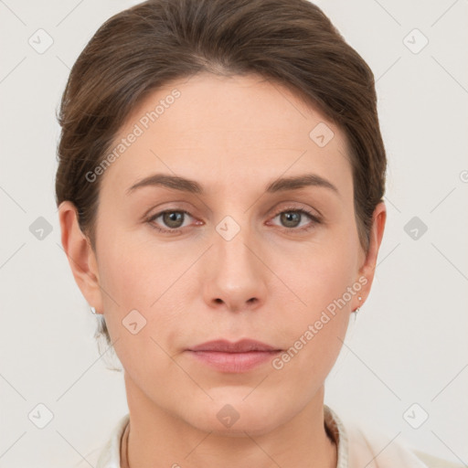 Neutral white young-adult female with short  brown hair and grey eyes