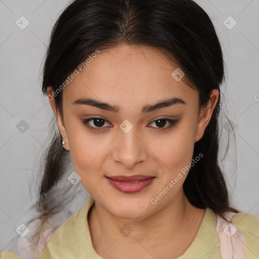 Joyful latino young-adult female with medium  brown hair and brown eyes