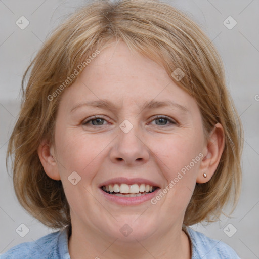 Joyful white young-adult female with medium  brown hair and blue eyes