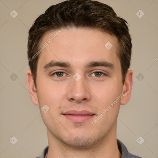 Neutral white young-adult male with short  brown hair and brown eyes