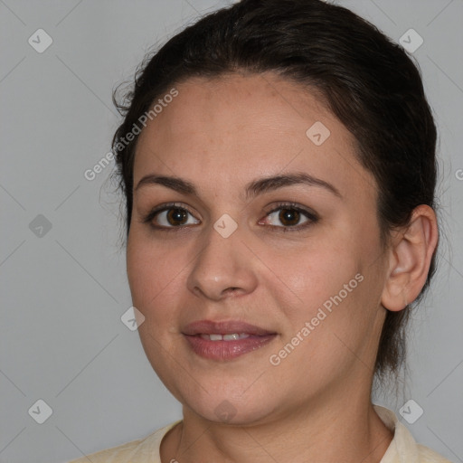 Joyful white young-adult female with medium  brown hair and brown eyes