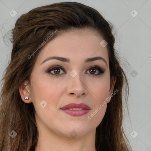 Joyful white young-adult female with long  brown hair and green eyes