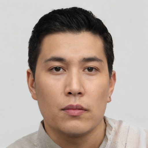 Neutral asian young-adult male with short  black hair and brown eyes