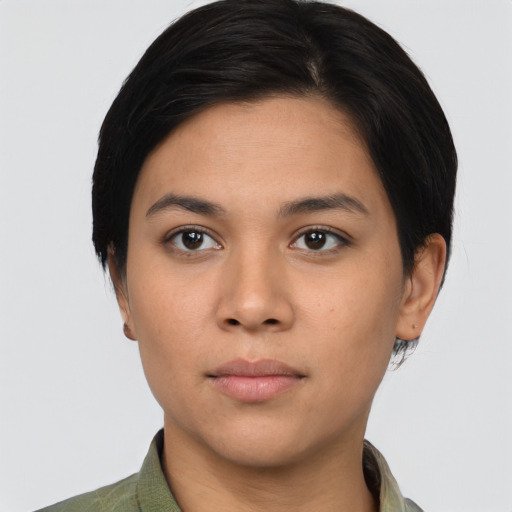 Neutral asian young-adult female with short  black hair and brown eyes