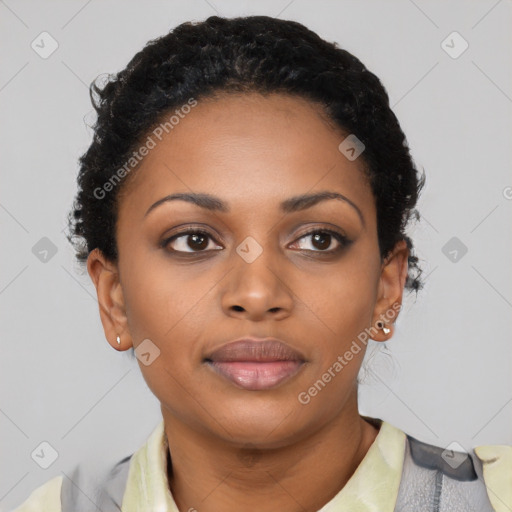 Neutral latino young-adult female with short  black hair and brown eyes