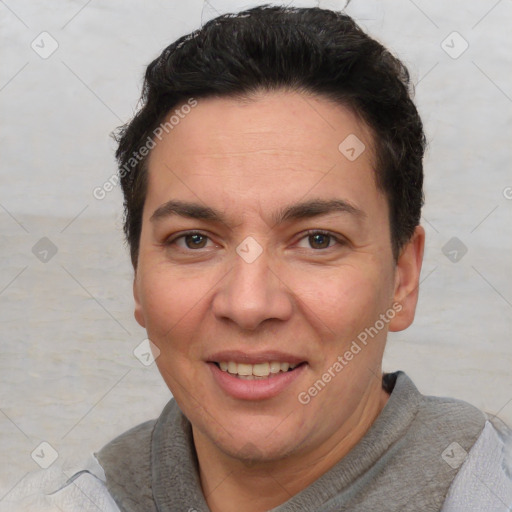 Joyful white adult female with short  brown hair and brown eyes