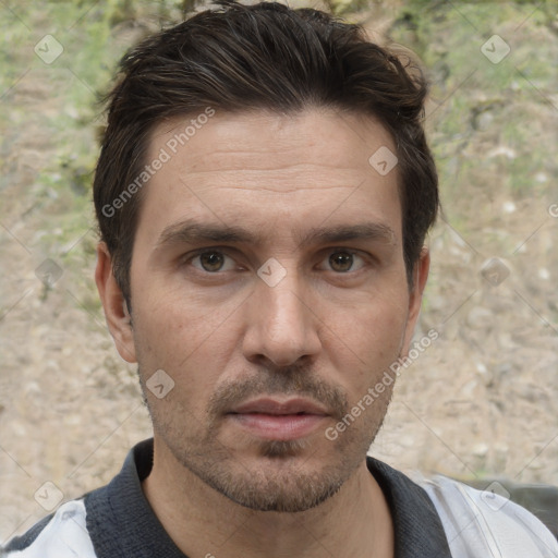 Neutral white adult male with short  brown hair and brown eyes